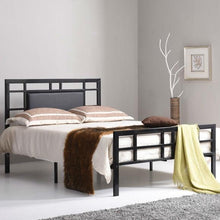 Load image into Gallery viewer, Full size Modern Classic Metal Platform Bed Frame with Black Upholstered Headboard