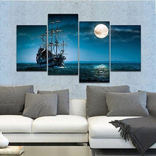 Load image into Gallery viewer, Full Moon Ocean Ship 4-Panel Seascape Framed Canvas Wall Art