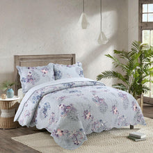Load image into Gallery viewer, Queen size 3-Piece Cotton Quilt in Purple Floral Bird Pattern