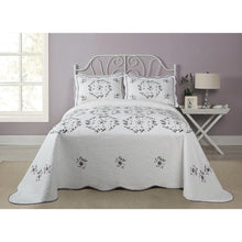 Load image into Gallery viewer, Queen size Cotton Bedspread with Scalloped Edges and Floral Print Embroidery in White