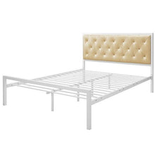 Load image into Gallery viewer, Queen size Contemporary White Metal Platform Bed with Champagne Button Tufted Headboard