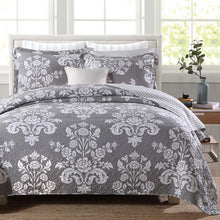 Load image into Gallery viewer, Queen 3-Piece Cotton Quilt Bedspread Set with Grey White Floral Pattern