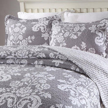 Load image into Gallery viewer, Queen 3-Piece Cotton Quilt Bedspread Set with Grey White Floral Pattern