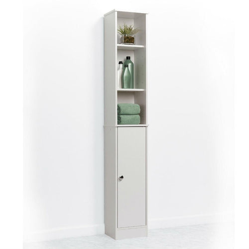 Bathroom Linen Tower with 3 Open Shelving and Storage Cabinet in White