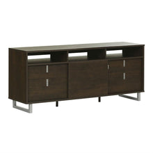 Load image into Gallery viewer, Contemporary TV Stand in Brown Oak Finish and Satin Nickel Metal Legs