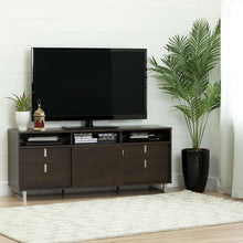 Load image into Gallery viewer, Contemporary TV Stand in Brown Oak Finish and Satin Nickel Metal Legs