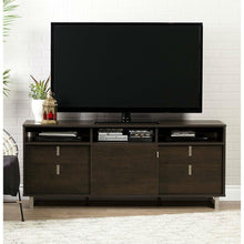 Load image into Gallery viewer, Contemporary TV Stand in Brown Oak Finish and Satin Nickel Metal Legs