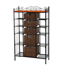 Load image into Gallery viewer, Classic Black Iron Bakers Rack with 5 Rattan Baskets