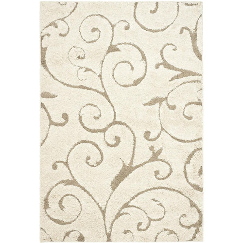 3'3 x 5'3 Shag Area Rug in Beige Off White with Scrolling Floral Pattern