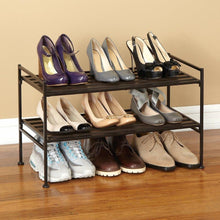 Load image into Gallery viewer, 2-Tier Slatted Resin Stackable Folding Shoe Rack in Mocha Finish