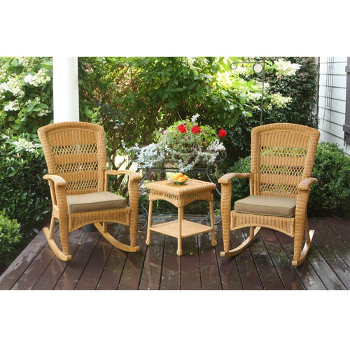 3-Piece Outdoor Porch Rocker Set w- 2 Amber Wicker Resin Rocking Chairs & Table