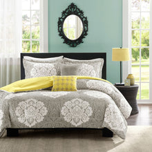 Load image into Gallery viewer, Full - Queen Grey White Damask Comforter Set with Soft Yellow Reverse