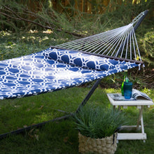 Load image into Gallery viewer, Blue White Quilted Hammock with 13-ft Heavy Duty Black Metal Stand