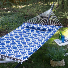 Load image into Gallery viewer, Blue White Quilted Hammock with 13-ft Heavy Duty Black Metal Stand