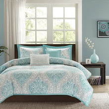 Load image into Gallery viewer, Twin - Twin XL Comforter Set in Light Blue White Grey Damask Pattern
