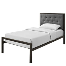 Load image into Gallery viewer, Twin size Metal Platform Bed with Gray Fabric Button Tufted Upholstered Headboard