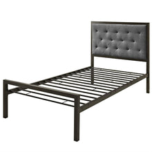 Load image into Gallery viewer, Twin size Metal Platform Bed with Gray Fabric Button Tufted Upholstered Headboard