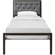 Load image into Gallery viewer, Twin size Metal Platform Bed with Gray Fabric Button Tufted Upholstered Headboard