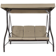 Load image into Gallery viewer, Tan 3-Seat Outdoor Porch Deck Patio Canopy Swing with Cushions