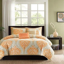 Load image into Gallery viewer, Twin size 4-Piece Orange White Damask Print Comforter Set