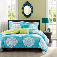 Load image into Gallery viewer, Twin size Teal Blue Damask Comforter Set with Green Accents