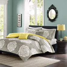 Load image into Gallery viewer, Twin - Twin XL Grey White Damask Comforter Set with Soft Yellow Accents