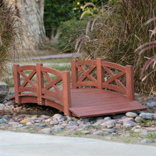 Load image into Gallery viewer, Outdoor 6-Ft Garden Bridge with X-Design Rails in Red Stained Acacia Wood