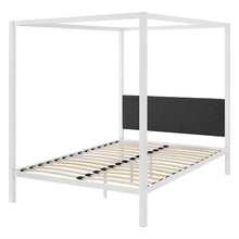 Load image into Gallery viewer, Queen size White Metal Canopy Bed Frame with Grey Fabric Upholstered Headboard
