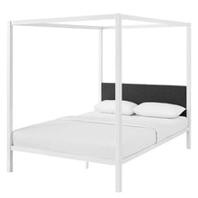 Load image into Gallery viewer, Queen size White Metal Canopy Bed Frame with Grey Fabric Upholstered Headboard