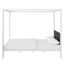 Load image into Gallery viewer, Queen size White Metal Canopy Bed Frame with Grey Fabric Upholstered Headboard