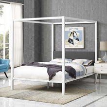 Load image into Gallery viewer, Queen size White Metal Canopy Bed Frame with Grey Fabric Upholstered Headboard