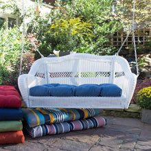 Load image into Gallery viewer, White Resin Wicker Porch Swing with Hanging Hooks Comfort Spring and Harbor Blue Cushion