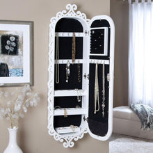 Load image into Gallery viewer, Wall Mounted Jewelry Cabinet Mirror Armoire with Gloss White Scrolling Border