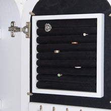 Load image into Gallery viewer, Wall Mounted Jewelry Cabinet Mirror Armoire with Gloss White Scrolling Border