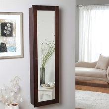 Load image into Gallery viewer, Wall Mounted Locking Jewelry Armoire Cabinet in Espresso Wood Finish