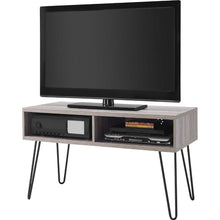 Load image into Gallery viewer, Modern TV Stand in Oak Finish with Mid-Century Style Metal Legs