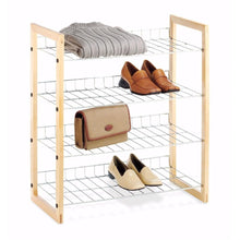 Load image into Gallery viewer, 4-Shelf Closet Shoe Rack with Natural Wood Frame and Chrome Wire Shelves
