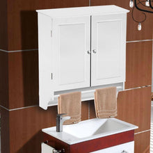 Load image into Gallery viewer, White Bathroom Wall Cabinet with Storage Shelf and Towel Bar